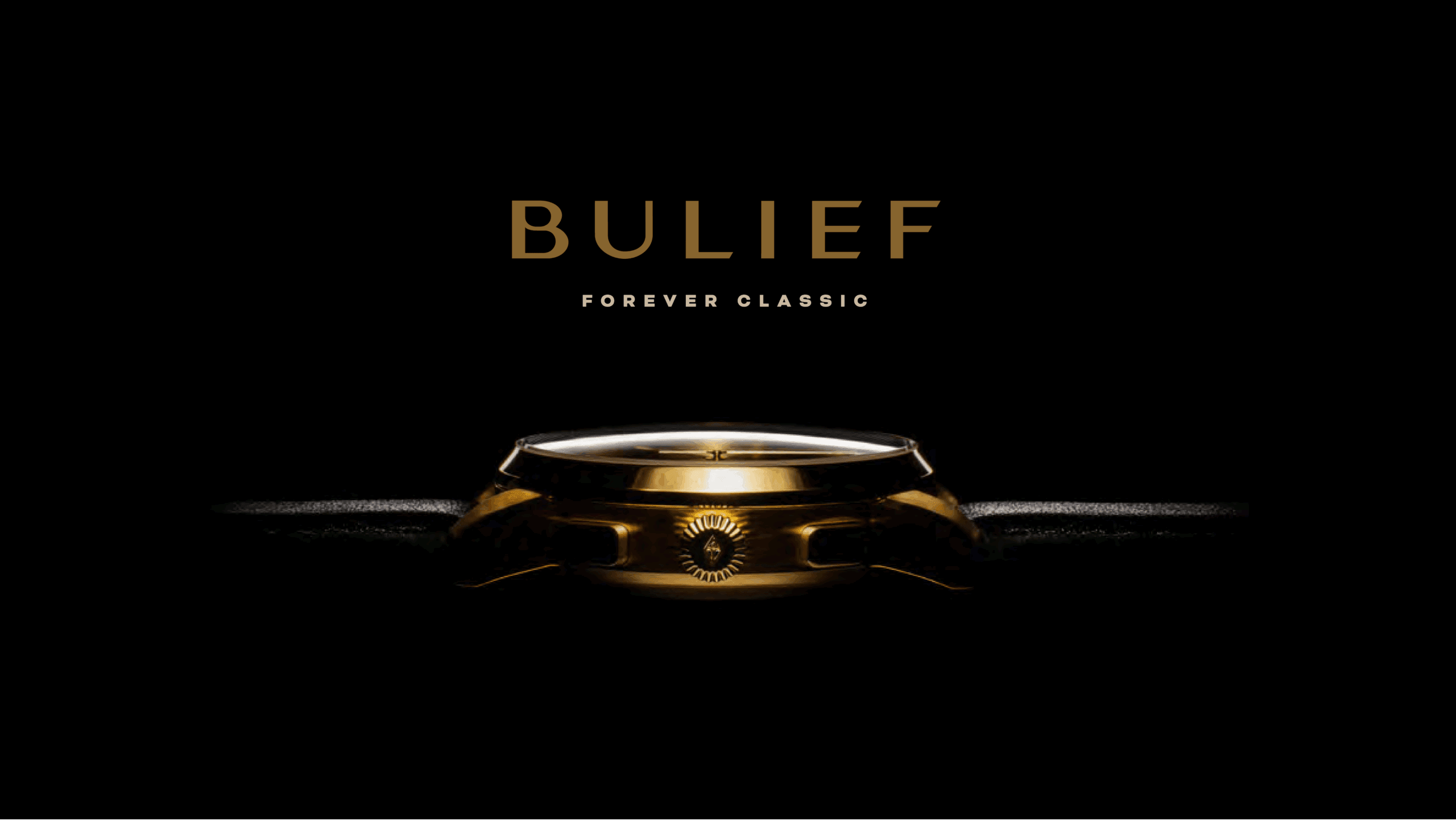 Bulief watch with a gold case and black leather strap beneath the 'Bulief Forever Classic' wordmark