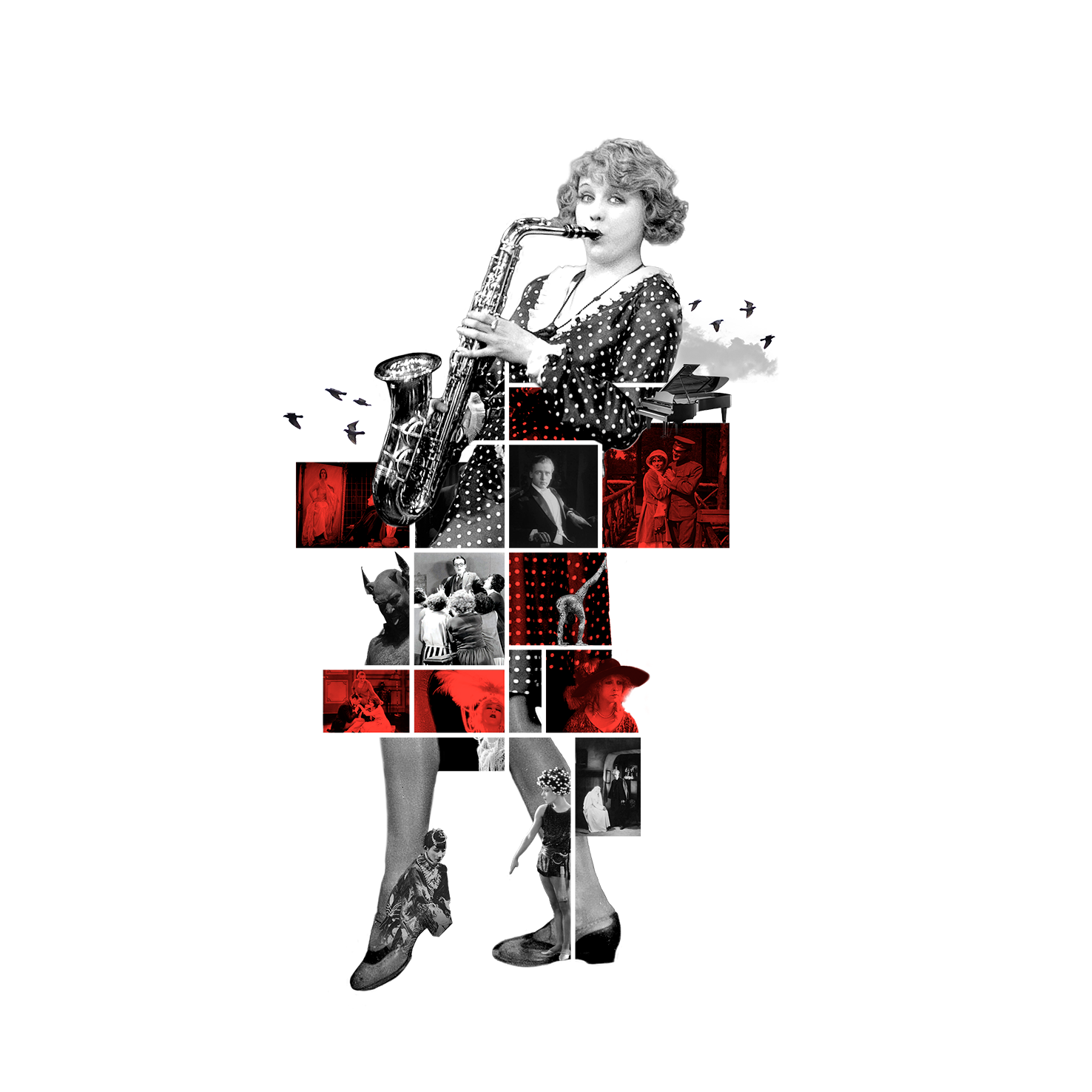 Collage-illustratie van een vrouw die saxofoon speelt, omringd door vintage zwart-witbeelden met rode accenten
