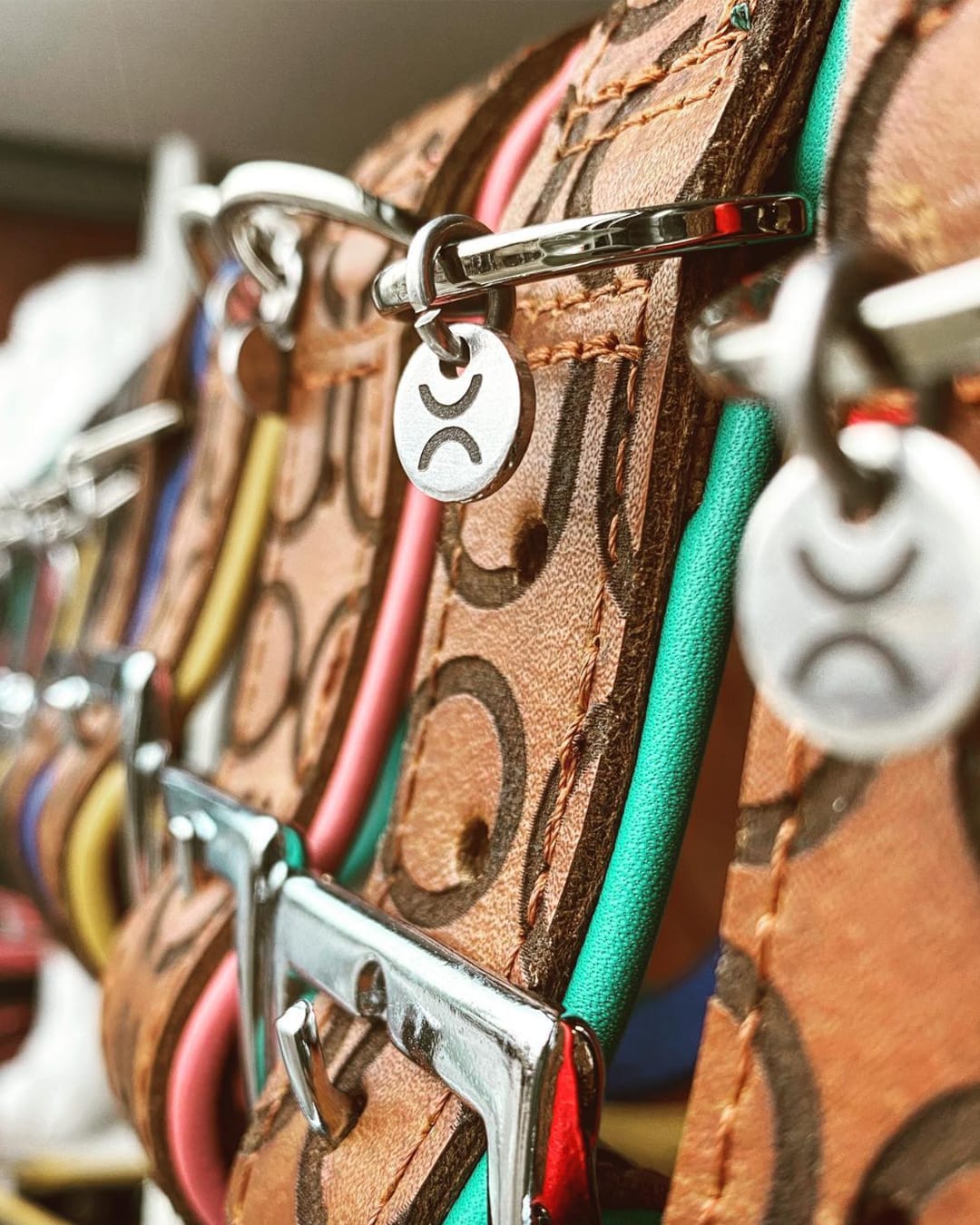 Rij hangende leren halsbanden met halvemaanvormige hangers en gekleurde koorden