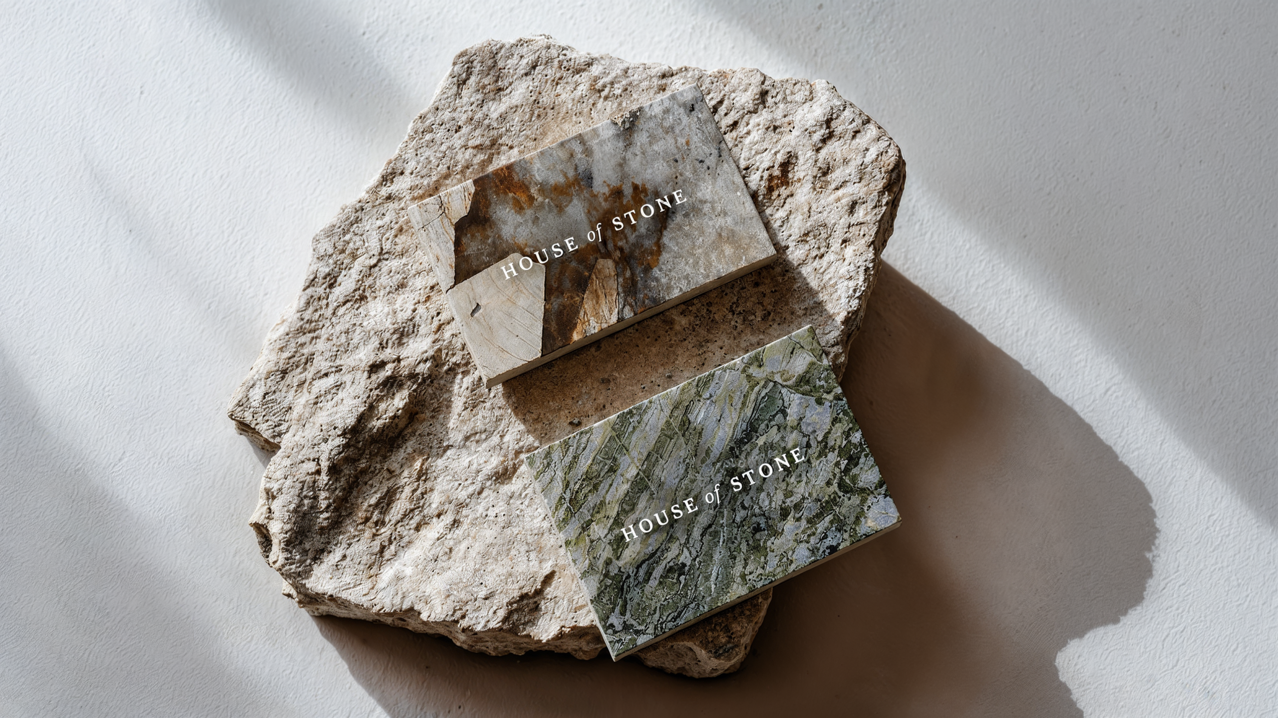 Stalen van House of Stone op een ruwe natuurstenen rots, in zacht zonlicht met schaduwpatronen
