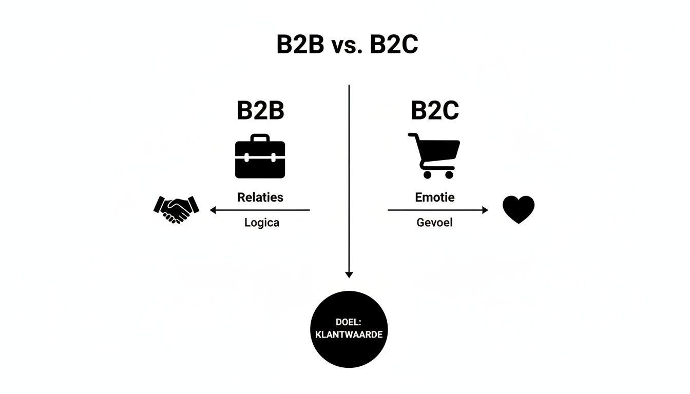 Visualisatie van B2B focus op relaties en logica versus B2C focus op emotie voor klantwaarde.