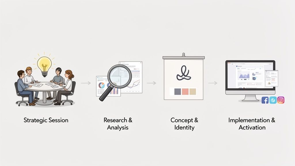 Vier stappen van marketingproces: brainstormen, analyseren, merkidentiteit ontwikkelen en online activeren.