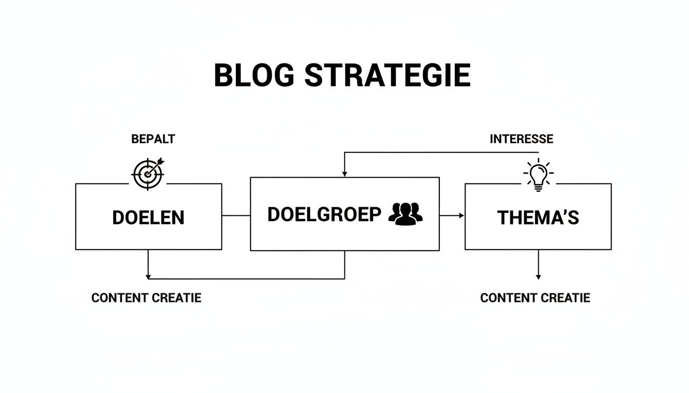 Een flowchart die een blogstrategie illustreert, beginnend met doelen, via doelgroep, naar thema's en contentcreatie.