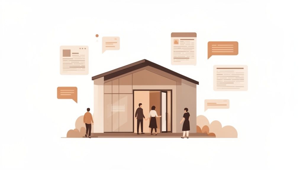 Mensen betreden een huis met omringende chatbubbles en documenten, wat online communicatie en huisgerelateerde administratie symboliseert.
