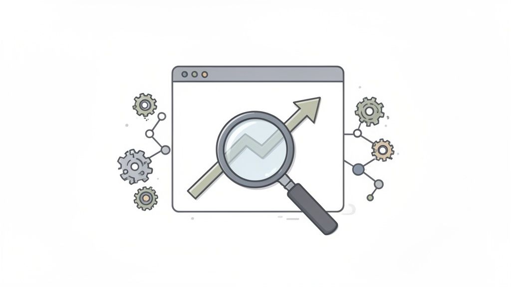 Een illustratie toont SEO-analyse en online marketing met een vergrootglas, stijgende grafiek en tandwielen.