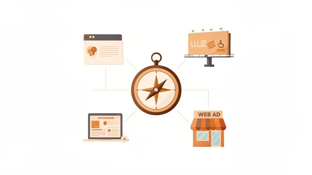 Kompas met lijnen naar diverse marketingkanalen: webpagina, laptop, billboard en webwinkel, voor strategische branding.