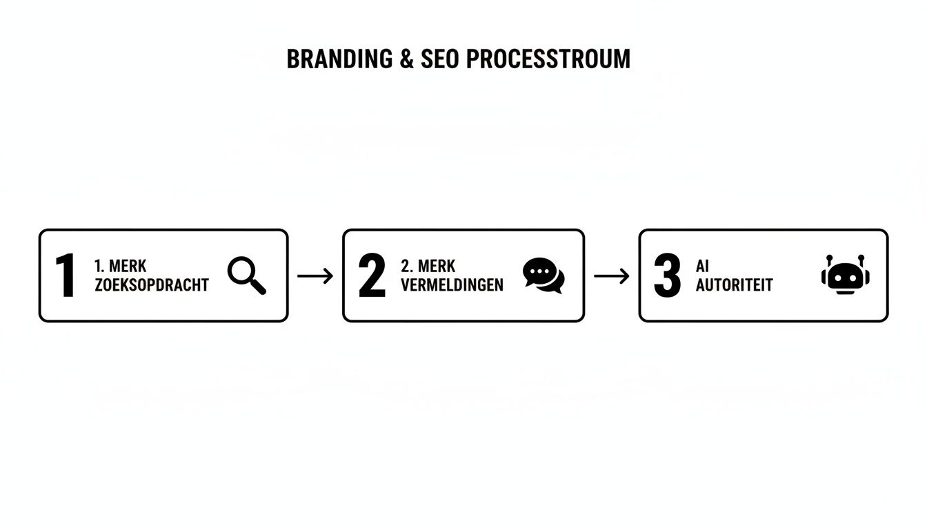 Een infographic die de drie stappen van een branding- en SEO-processtroom toont: merk zoekopdracht, merk vermeldingen en AI autoriteit.