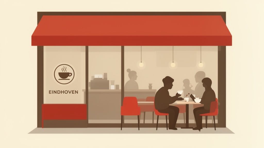 Illustratie van een koffiehuis met rode luifel en twee mensen die aan een tafel zitten, met 'EINDHOVEN' op de gevel.