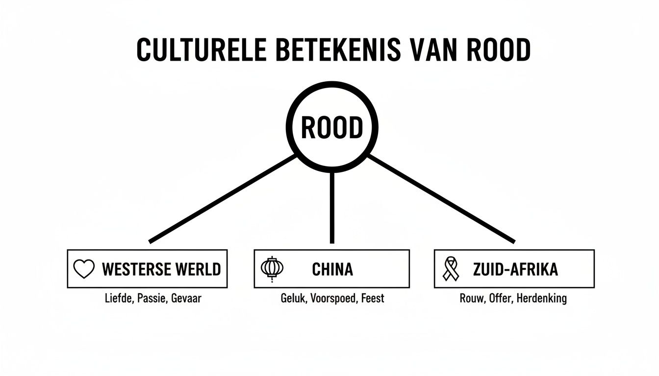 Een diagram toont de culturele betekenis van de kleur rood in de Westerse wereld, China en Zuid-Afrika.