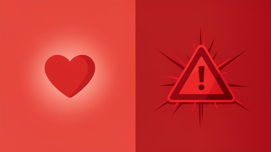 Een rood hart en een rood waarschuwingssymbool illustreren contrasterende betekenissen van de kleur rood.