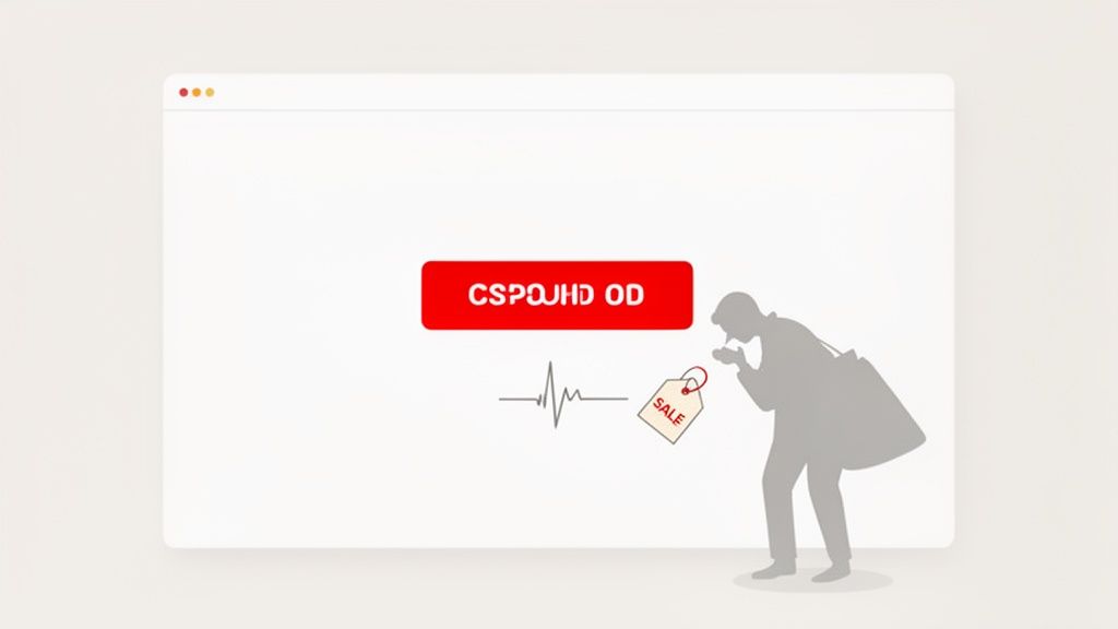 Een witte browservenster met een rode knop 'CSPAUHD OD'. Een hartslaglijn eindigt bij een 'SALE'-label, waar een persoon met een vergrootglas naar kijkt.