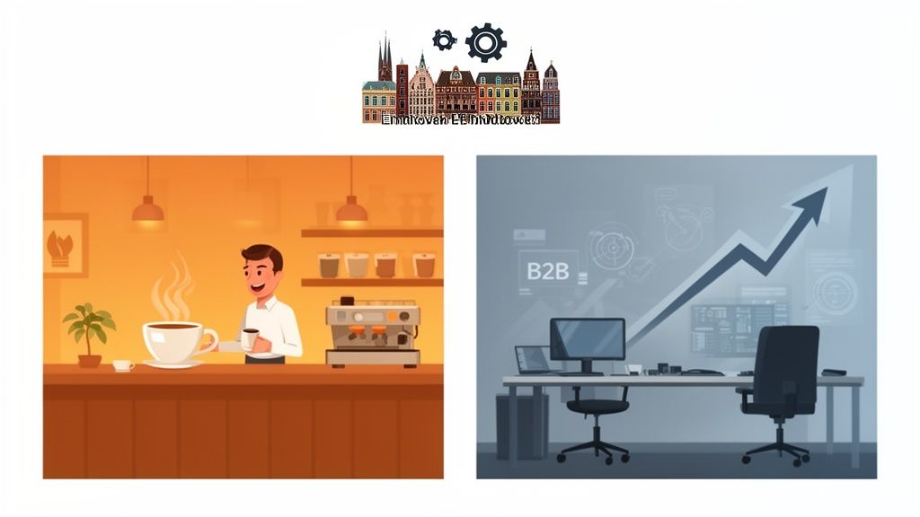 Illustratie van een stadsgezicht, een koffiebar met klant en een kantoor met B2B-groeigrafiek.