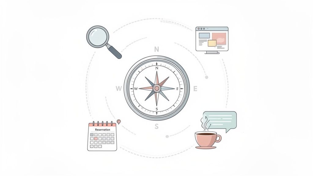 Visualisatie van een klantreis met een kompas, vergrootglas, website, reserveringskalender en chatondersteuning.