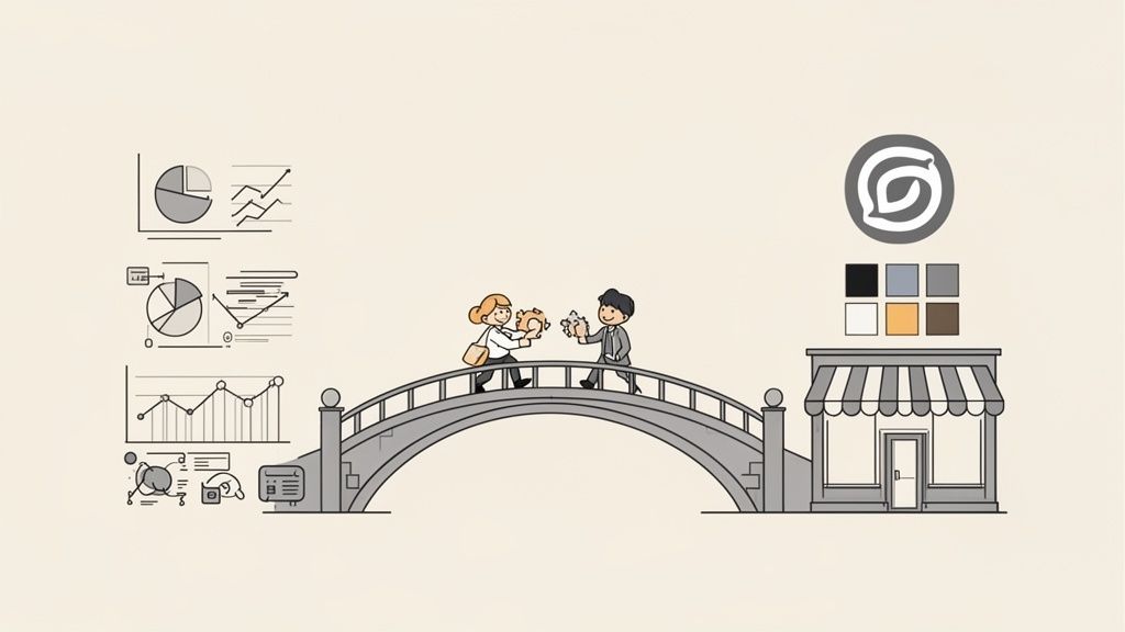 Illustratie van mensen die puzzelstukken verbinden op een brug, met datagrafieken en een winkel, wat klantreis onderzoek symboliseert.