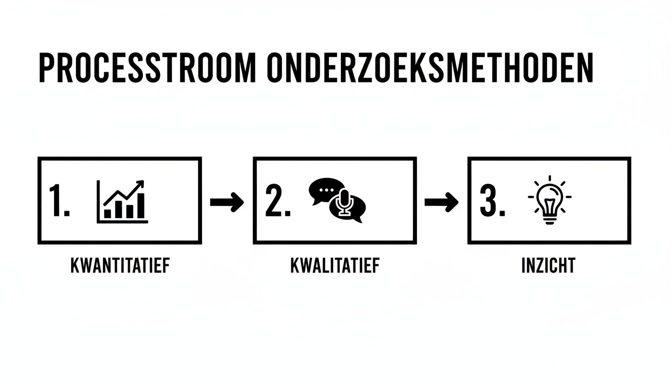 Een schematische weergave van de processtroom van onderzoeksmethoden: kwantitatief, kwalitatief en inzicht.