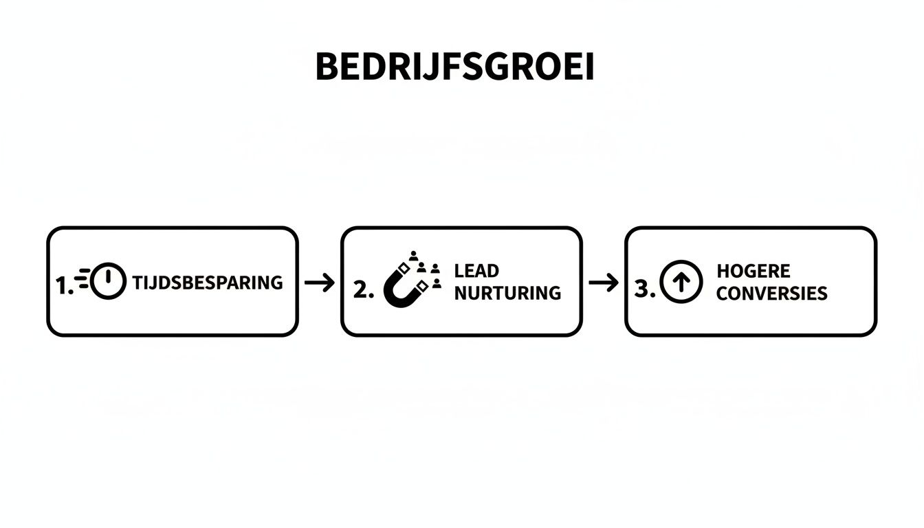 Stroomdiagram dat bedrijfsgroei toont: tijdsbesparing, lead nurturing en hogere conversies.