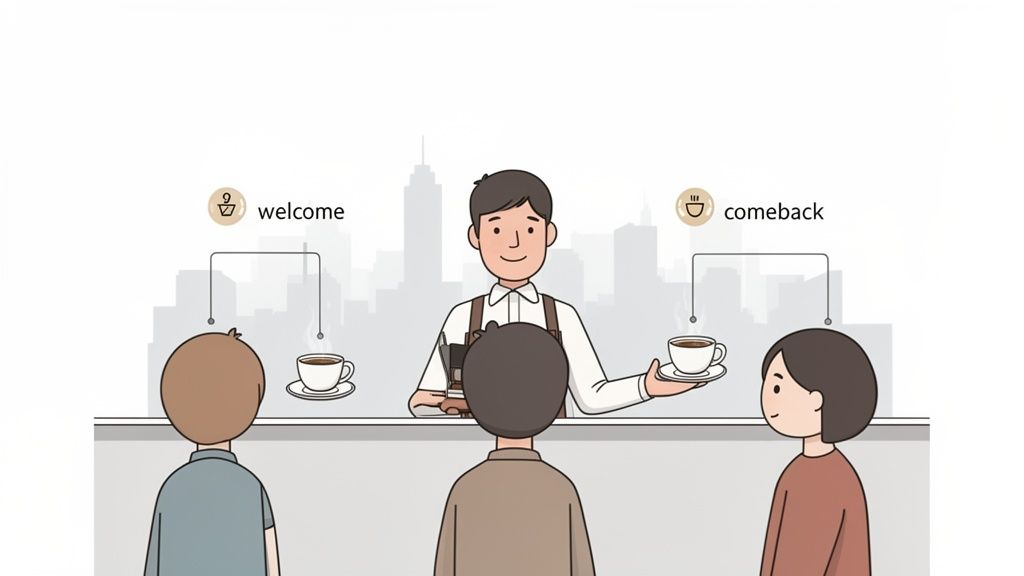 Een barista biedt koffie aan twee klanten, met iconen voor 'welcome' en 'comeback', wat loyaliteit suggereert.