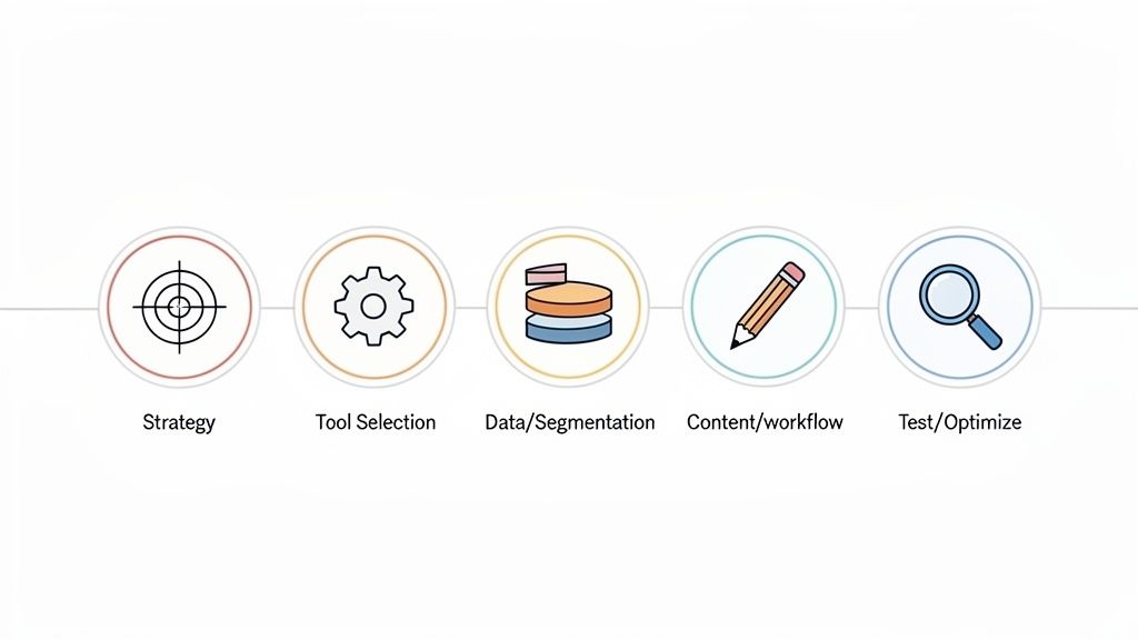 Een visuele weergave van de vijf stappen in het e-mailmarketingproces: strategie, toolselectie, data, content en testen.