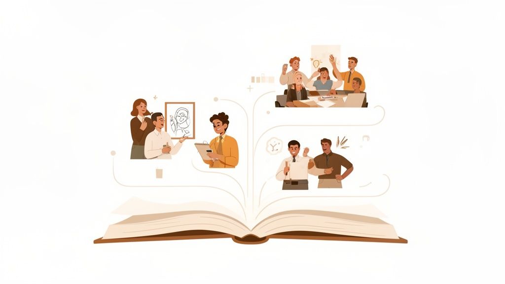 Een open boek met illustraties van diverse zakelijke situaties, zoals teamvergaderingen en presentaties.