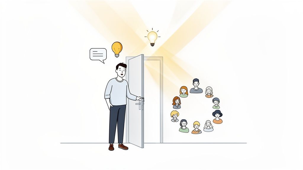 Een man opent een deur naar een groep mensen in een cirkel, met licht en ideeën. Symboliseert samenwerking en innovatie.