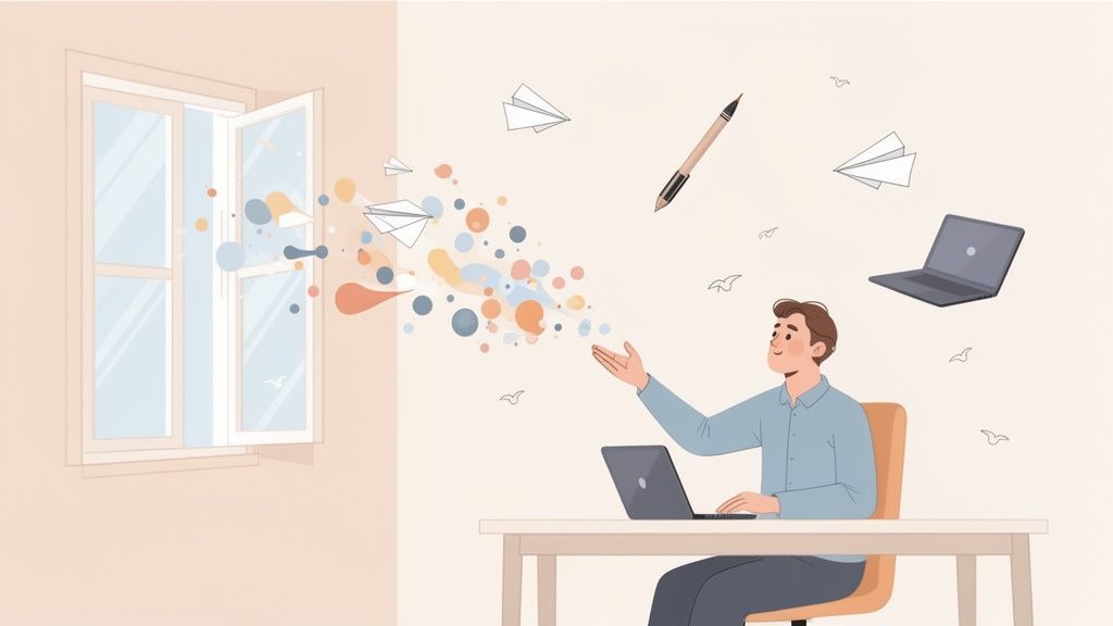 Man werkt aan laptop, omringd door vliegende ideeën en inspiratie uit een open raam.
