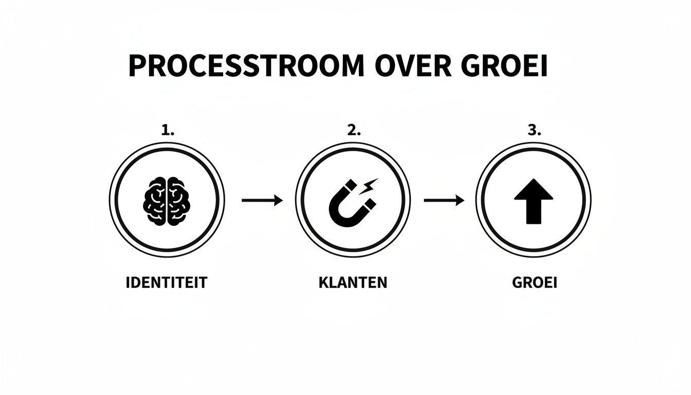 Processtroom over groei: Identiteit (hersenen) leidt tot Klanten (magneet) en uiteindelijk Groei (pijl omhoog).
