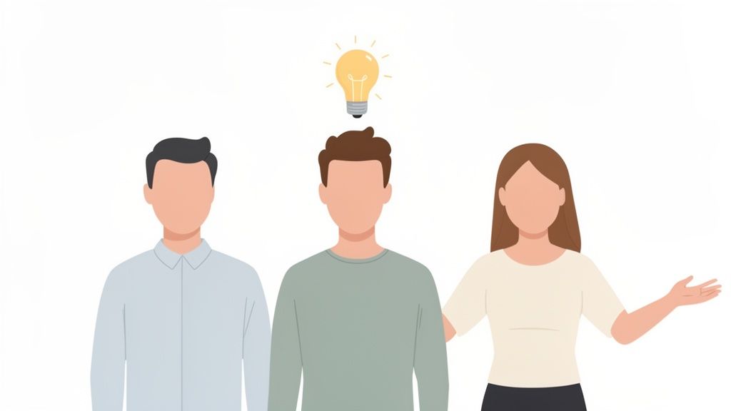 Illustratie van drie personen met een gloeilamp als symbool voor een nieuw idee boven het hoofd van de middelste persoon.
