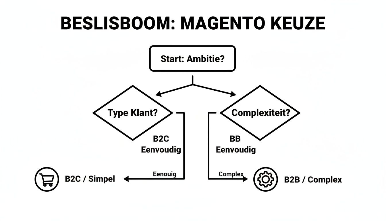 Beslisboom voor Magento keuze met vragen over klanttype en complexiteit voor webshops.