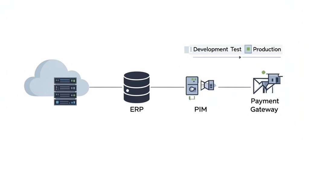 Systeemarchitectuur met datastroom van cloudservers via ERP en PIM naar betaalgateway, inclusief ontwikkel-, test- en productiefasen.