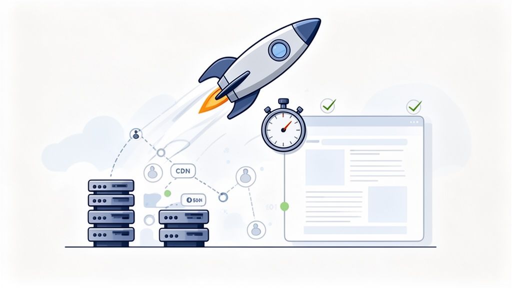 Een raketlancering, stopwatch, webpagina, servers en CDN, symboliseren snelle webprestaties en efficiëntie.