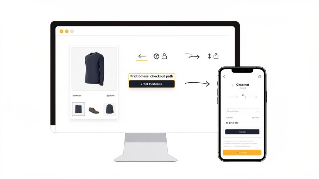 Een desktop en mobiele telefoon tonen een naadloos online afrekenproces voor e-commerce.