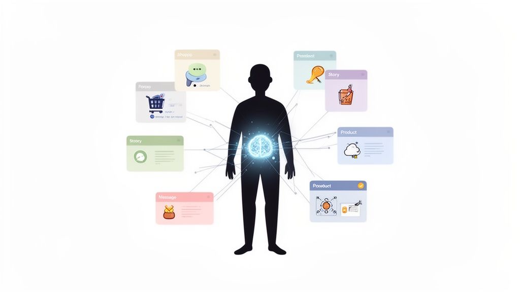 Een menselijke silhouet met een oplichtend centrum, omringd door diverse apps en digitale interacties.