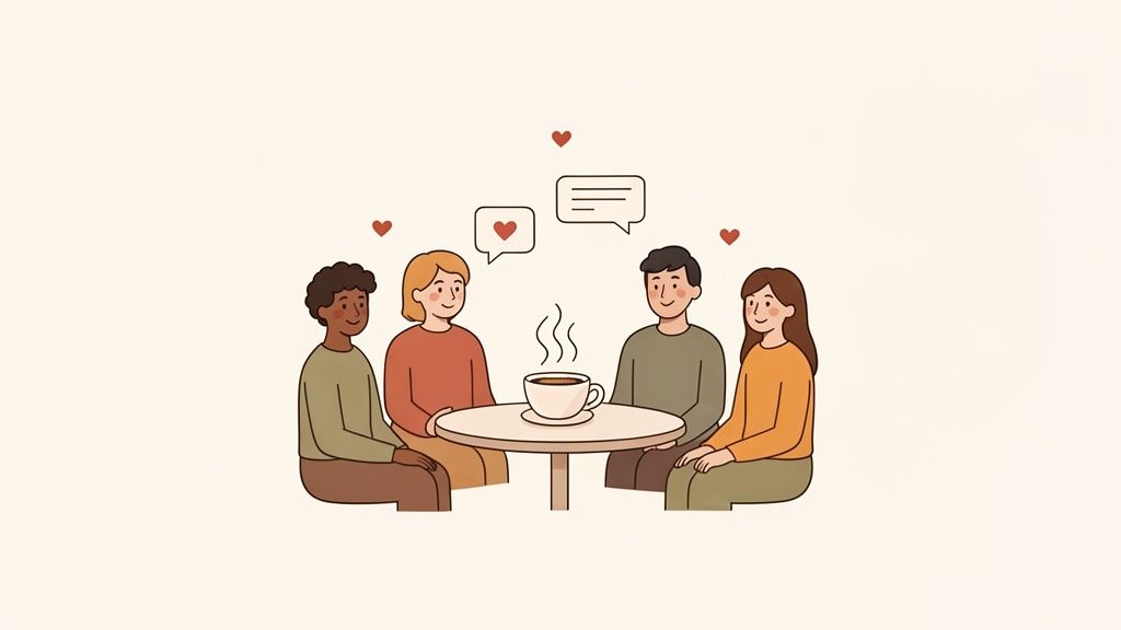 Illustratie van vier diverse mensen die gezellig aan een tafel zitten met een kop koffie en met elkaar praten.