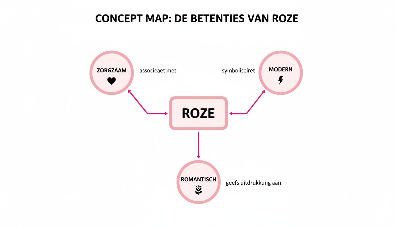 Concept map: de betekenissen van roze, gelinkt aan zorgzaam, modern en romantisch.