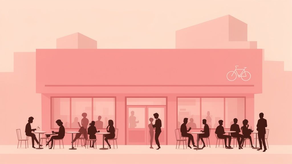 Roze illustratie van mensen die buiten koffie drinken bij een café met een fietslogo.
