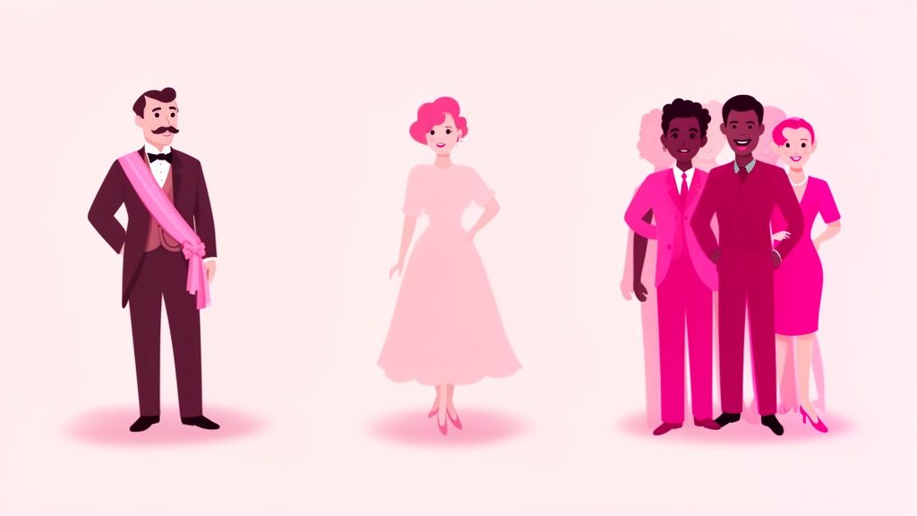 Illustratie van drie groepen mensen met roze en bordeauxrode kleding tegen een roze achtergrond.