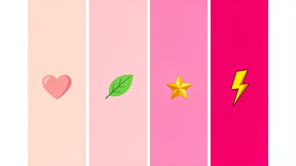 Vier verticale panelen in roze en rood, elk met een symbool: een hart, een blad, een ster en een bliksemschicht.