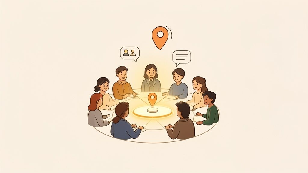 Een groep mensen zit rond een tafel en communiceert, met locatiepins als symbool voor focus en connectie.
