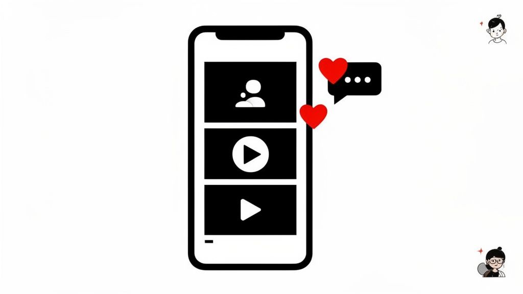 Een smartphone met social media inhoud, inclusief gebruikersprofiel, videospelers, harten en een chatberichticoon.
