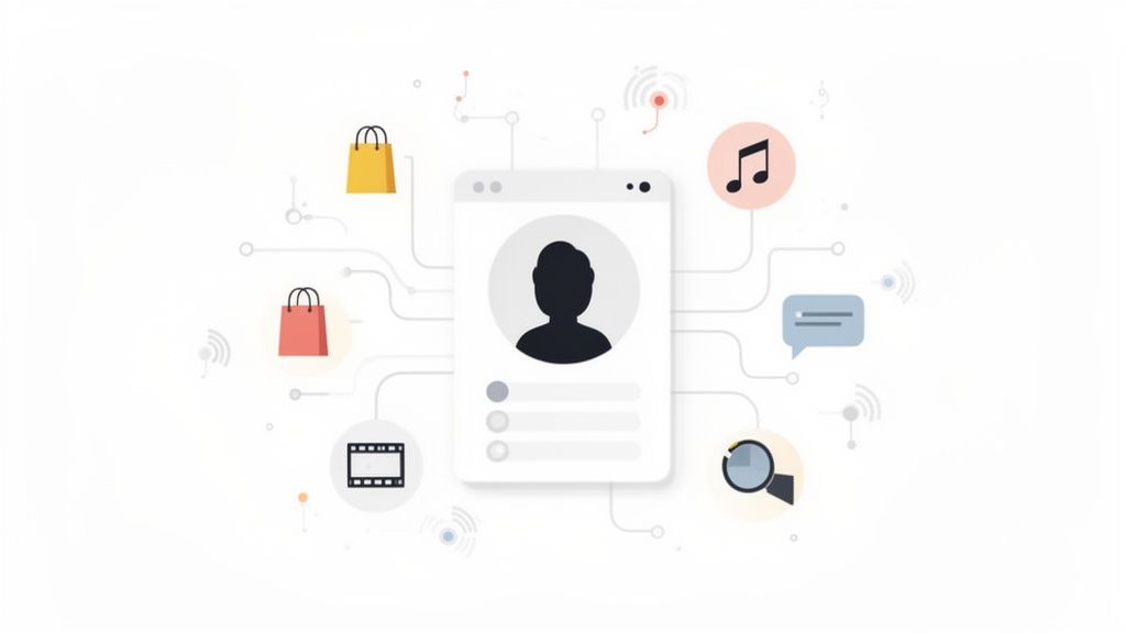 Illustratie van een centraal gebruikersprofiel dat verbonden is met iconen voor online winkelen, muziek, chat, film en zoeken.