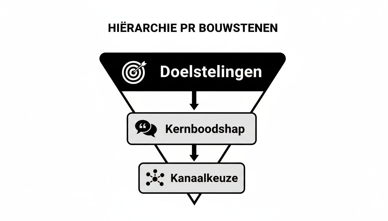 Een trechterdiagram toont de hiërarchie van PR bouwstenen: Doelstellingen, Kernboodschap en Kanaalkeuze.