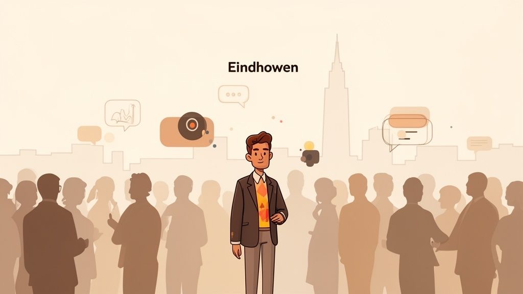 Een man staat voor een publiek in Eindhoven, met een stadssilhouet en spraakbellen op de achtergrond.