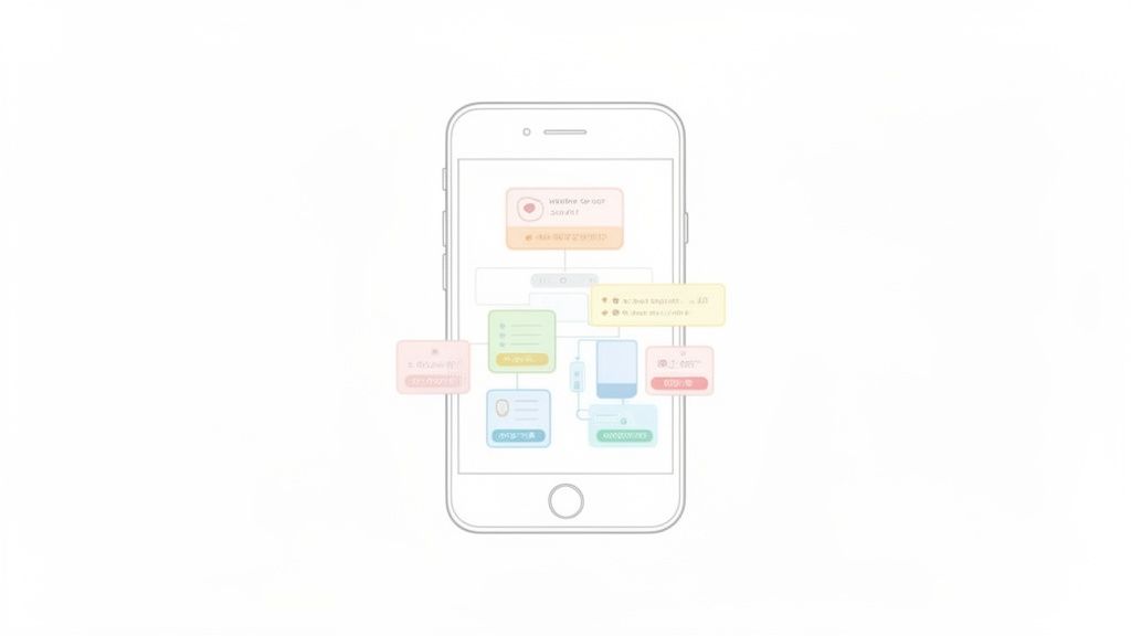 Diagram van een mobiele app workflow getoond op een smartphone, met gekleurde blokken en verbindingslijnen.