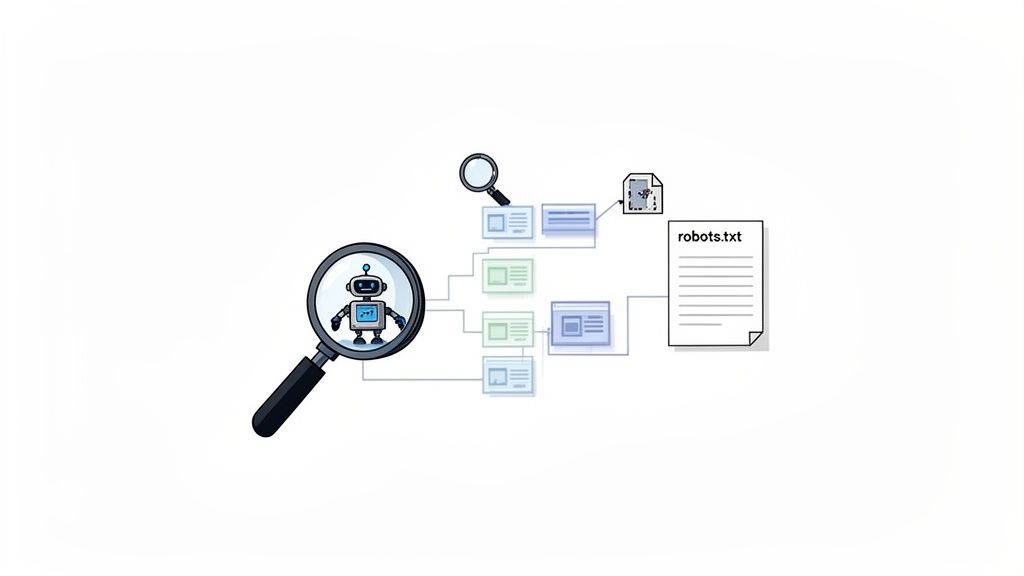 Een robot in een vergrootglas analyseert webpagina's en het robots.txt-bestand voor zoekmachine-optimalisatie.
