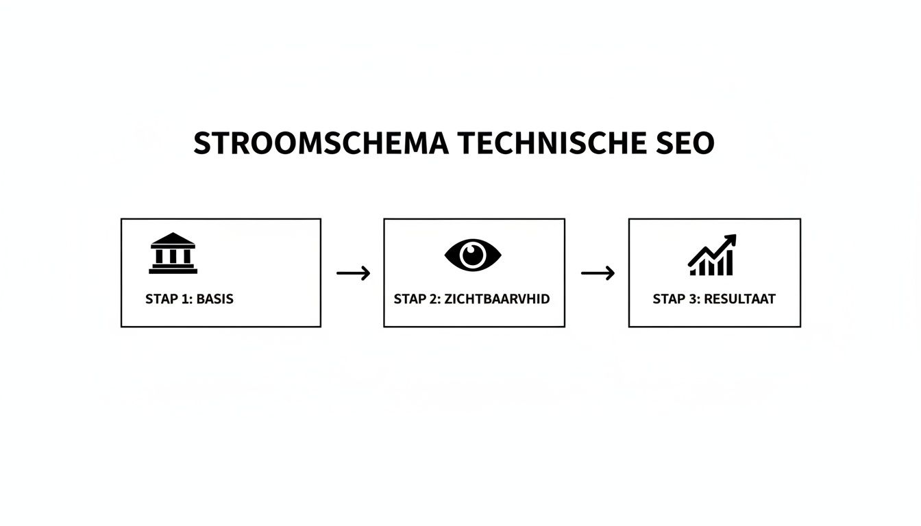 Stroomschema technische SEO met drie stappen: basis, zichtbaarheid en resultaat, elk met een pictogram.