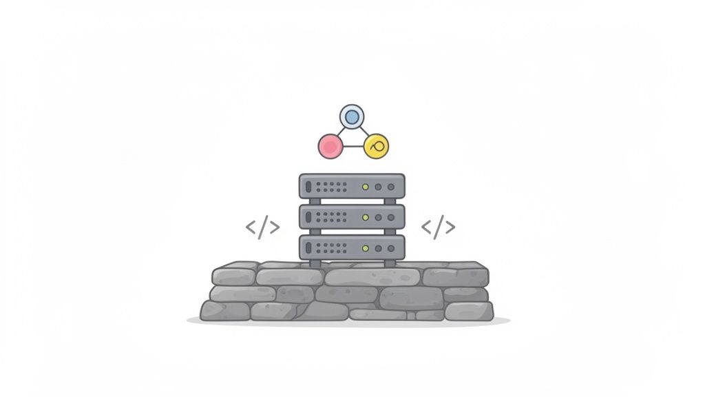 Servers en een netwerkdiagram op een stenen muur met codesymbolen, wat technische SEO analyse voorstelt.