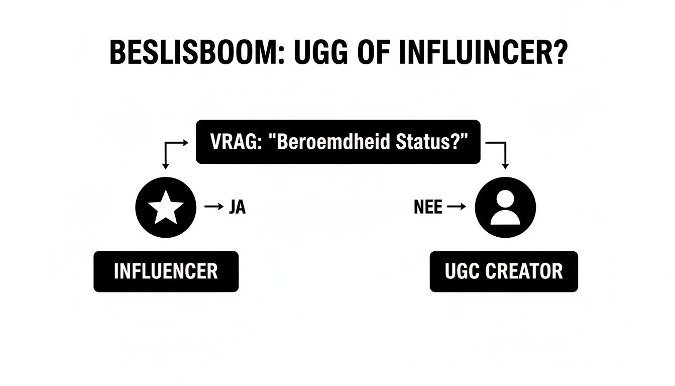Beslisboom die onderscheid maakt tussen een influencer en een UGC creator op basis van bekendheid.