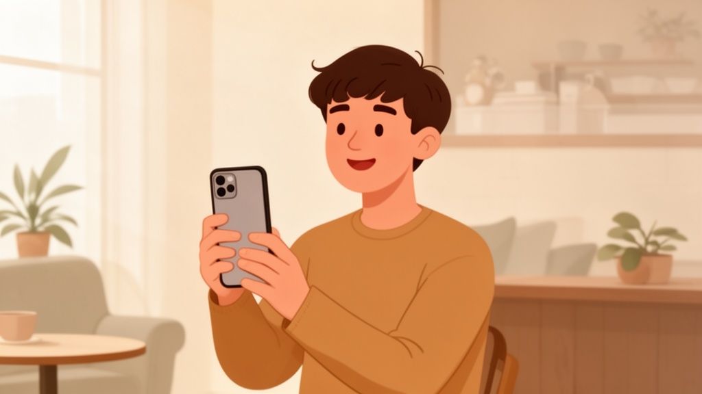 Geanimeerde jonge man in een trui die lachend een smartphone vasthoudt in huiselijke omgeving.