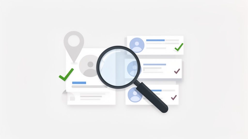 Een vergrootglas zoekt en verifieert gebruikersprofielen en locatiedata, met vinkjes die status aangeven.