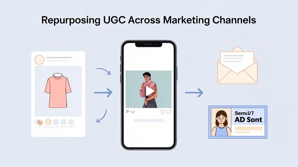 Illustratie van het hergebruiken van gebruikerscontent (UGC) op sociale media, video, e-mail en advertenties.